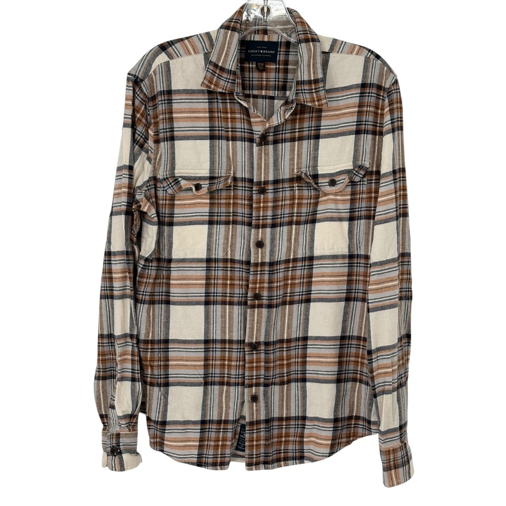 Lucky Brand Flannel Shirt Cream Brown Plaid 100% Cotton M